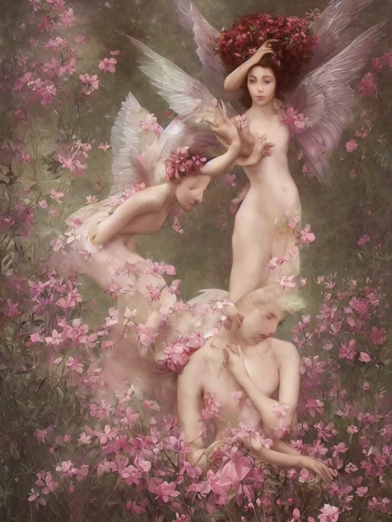 Image similar to one pink fairy with large wings exploring her lonely flower garden by herself in the style of tom bagshaw, william bouguereau, extremely detailed, muted colors, symmetrical face, large eyes, beautiful face