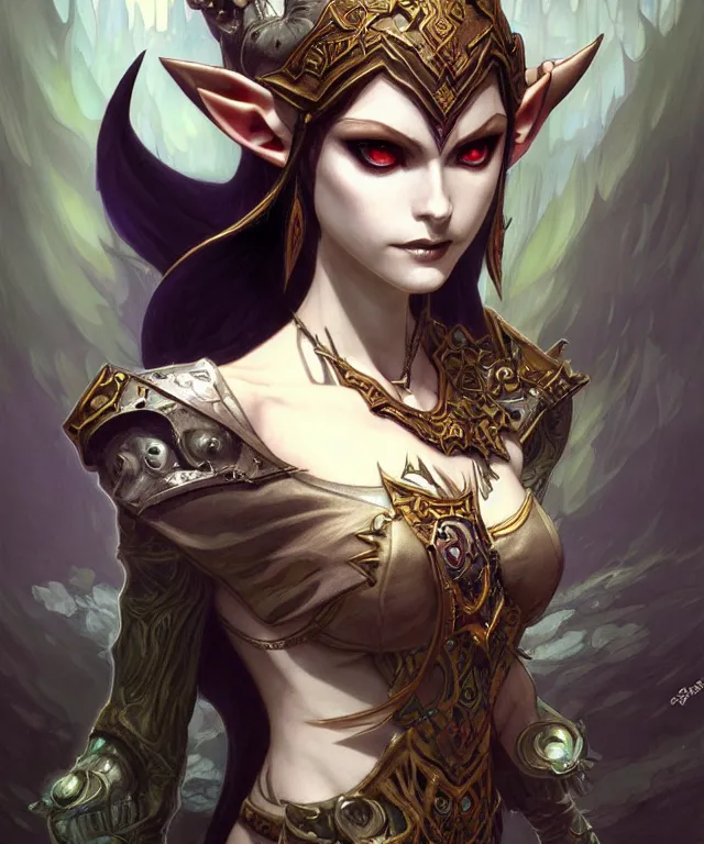 Prompt: dark fantasy, midna legend of Zelda Twilight Princess, dark surrealist , fantasy, intricate, elegant, highly detailed, digital painting, artstation, concept art, smooth, sharp focus, illustration, art by artgerm and greg rutkowski and alphonse mucha