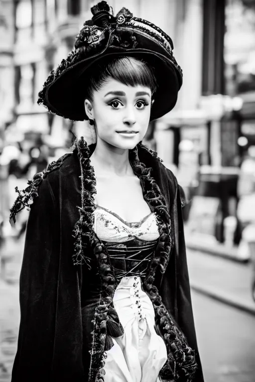 Prompt: Ariana Grande Victorian Era clothing, symmetrical face, beautiful symmetrical eyes, walking through the streets of London, XF IQ4, f/1.4, ISO 200, 1/160s, 8K, black and white