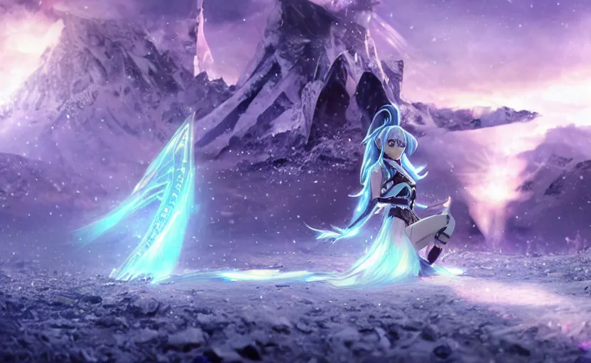 Image similar to beautiful Himalayan sci-fi princess with purple cat-eyes, silver and black hair split, glowing crystals on the ground, somber, scene of a blizzard on the mountain overlooking a futuristic village, 8k hdr pixiv dslr photo by Makoto Shinkai and Wojtek Fus, 3d realisitc anime, final fantasy 14 style