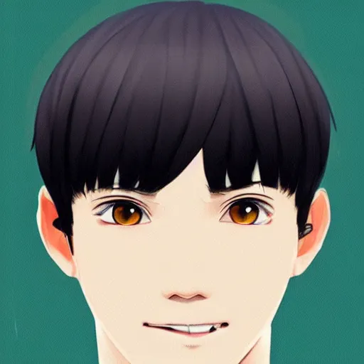 Prompt: a headshot of a very happy yoongi closed smile - short black hair wearing male school uniform, sharp focus, illustration, morandi color scheme, art station, high detailed, by ilya kuvshinov, gorillaz art