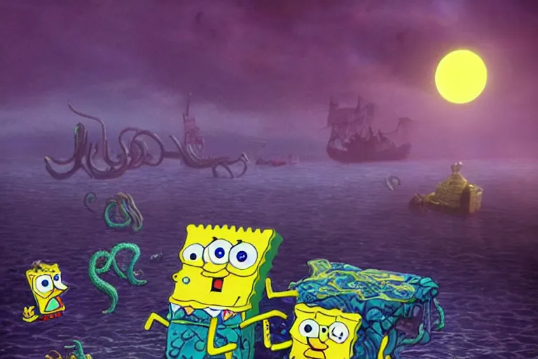 Prompt: Spongebob Cthulhu nightmare, photorealistic, lunar horizon