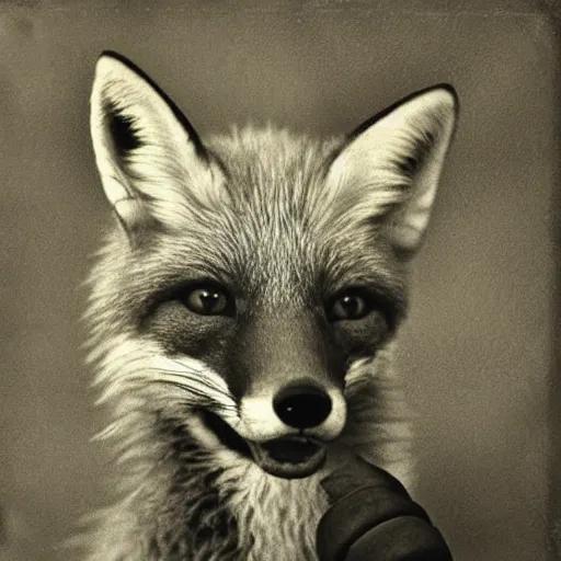 Image similar to a fox holding a human skull, daguerrotype photograph, highly detailed, extreme closeup