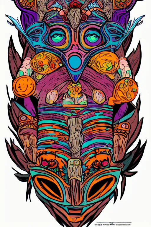 Image similar to animal mask totem roots flower tribal feather gemstone plant wood rock shaman vodoo video game vector cutout illustration vivid multicolor borderlands comics by josan gonzales and dan mumford radiating a glowing aura