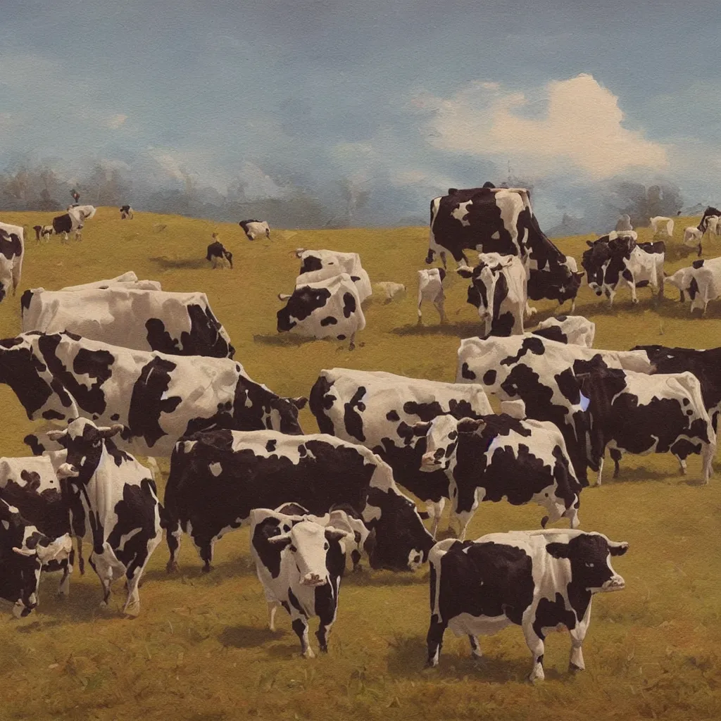 Image similar to a ufo stealing cows, painting