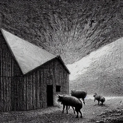Prompt: pigs in a tuxedo walk out of a barn, dramatic lighting, creepy, farm background, moon, chiaroscuro, high detail, illustration by gustave dore