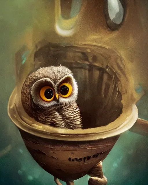 Image similar to long shot of a very cute owl chick nesting in a futuristic mug, esao andrews, humorous illustration, hyperrealistic, big depth of field, warm colors, night scenery, low light, 3 d octane render, 4 k, concept art, hyperdetailed, hyperrealistic, trending on artstation