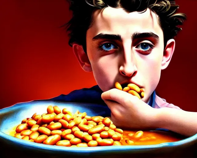 Prompt: closeup face profile portrait of timothee chalamet eating baked beans, hyung tae, frank frazetta, hyper realistic, artstation, illustration, digital paint, matte paint, vivid colors, bright, cheerful, detailed and intricate cathedral kitchen environment