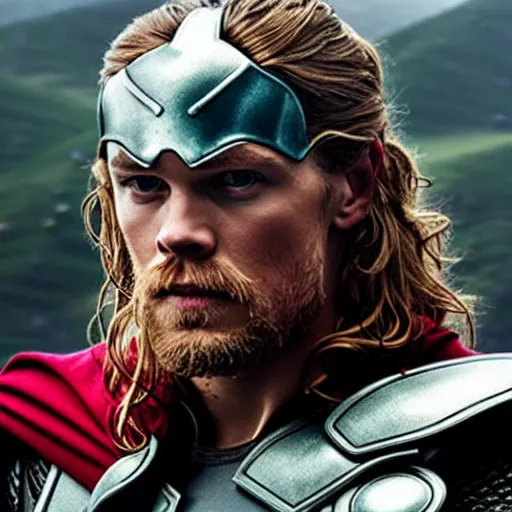 Image similar to Sam Heughan as Thor , 4K, highly detailed