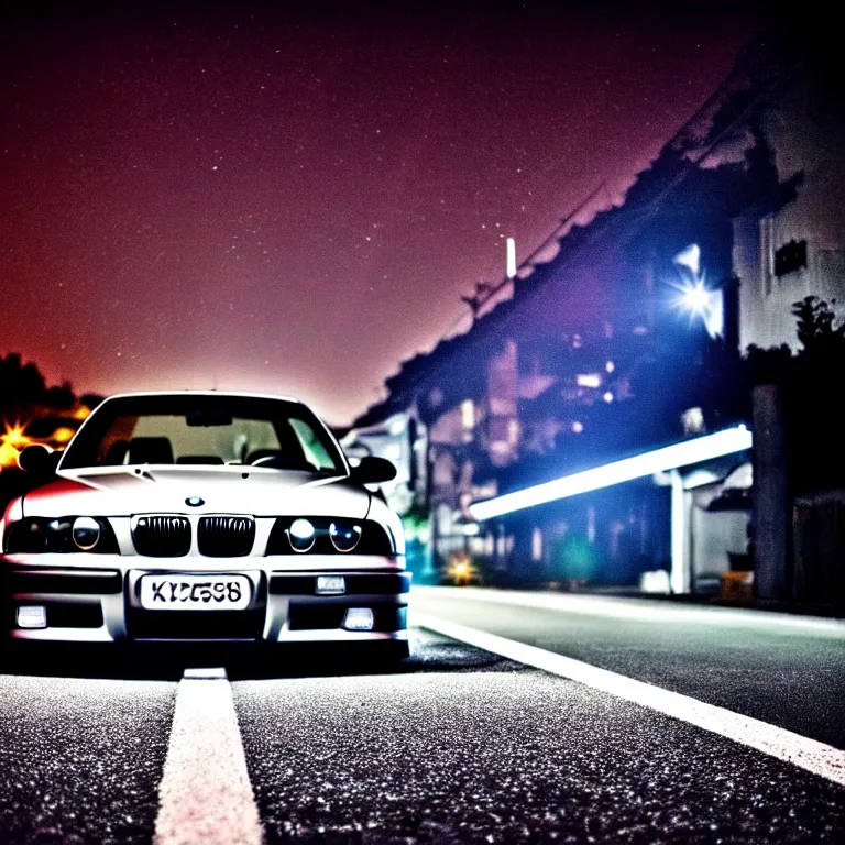 Image similar to close-up-photo BMW E36 middle of street, Saitama prefecture, stars, night, cinematic color, photorealistic, highly detailed,