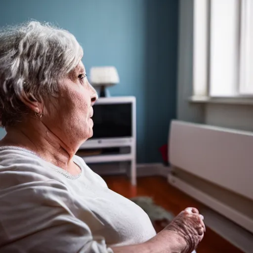 Image similar to an old lady watching a fat person on tv, photography, living room,