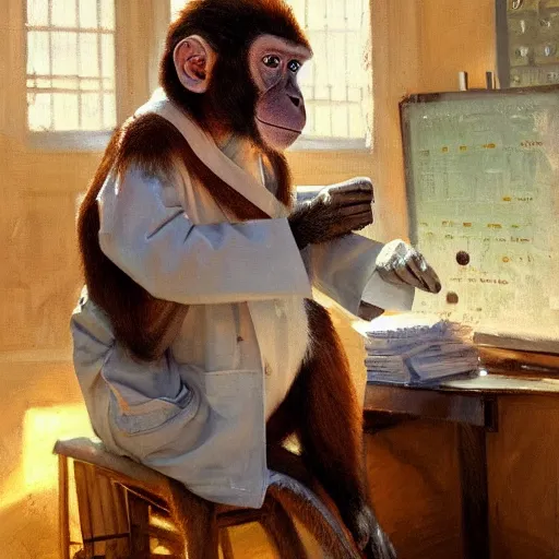 Prompt: portrait of a monkey doctor at a chemical lab, artwork by gaston bussiere, craig mullins, trending on artstation, monkey dressed as a scientist, using googles and wearing a doctor coat