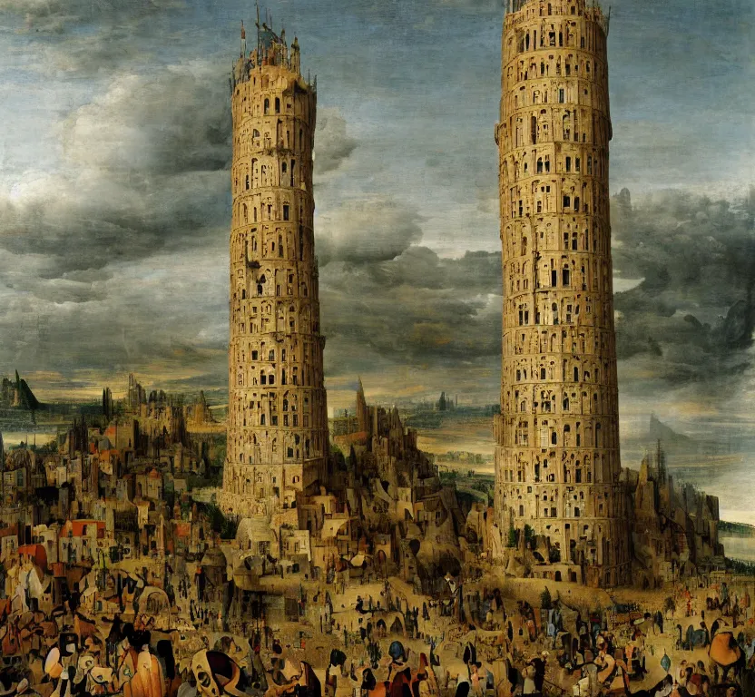 Prompt: a tall tower, somewhat similar to babel, by pieter breugel the elder