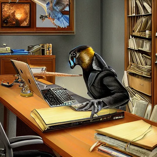 Image similar to a life-like photographic fantasy art raptorial composition of hawk office worker bird-man at computer desk facial portraiture, bird-man is lying on the desk with a baleful eye regarding the computer screen, tired, in stunning digital paint, trending fantasy art by Michael Whelan