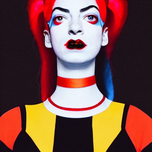 Prompt: lorde as harley quinn, dressed up in piet mondrian inspired bodysuit, official portrait, photo realistic, 4 k