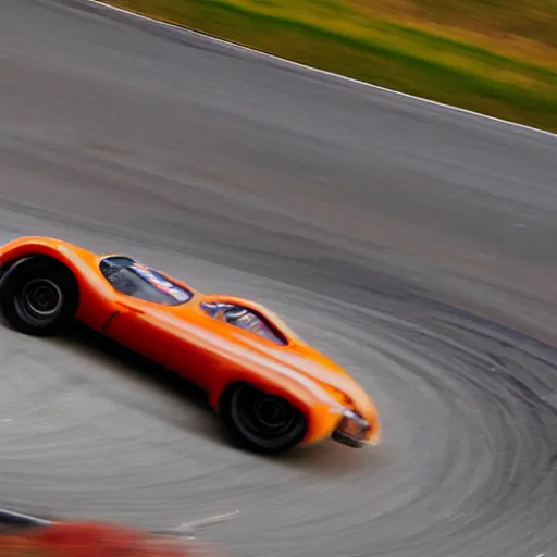 Image similar to an old rusty super car driving through a race track, dramatic, motion blur