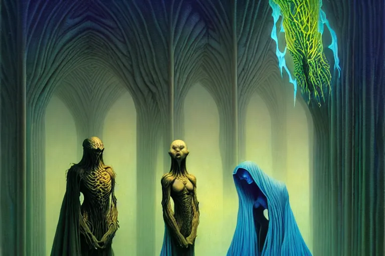 Prompt: the female arcanist and the male artificer by zacharias aagaard and roger dean and brom and zdzisław beksinski and greg staples and wayne barlowe, beautiful, flowing magical robe, highly detailed, hyperrealistic, intricate, energy, electric, blue flame, low light, green crystal, high contrast, submissive, lifelike