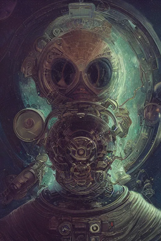 Image similar to close up shot of an astronaut portrait fading into the aether, water elemental, james gurney, peter mohrbacher, mike mignola, black paper, mandelbulb fractal, trending on artstation, exquisite detail perfect, hyper detailed, intricate ink illustration, black background