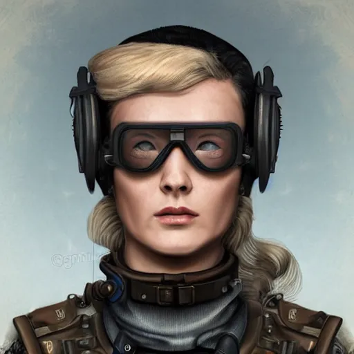 Prompt: stoic heroic emotionless tattooed butch blonde woman engineer with very short slicked-back hair, wearing dark steampunk goggles and dirty ripped flight suit, sole survivor on primitive planet, portrait, cinematic, illustration, highly detailed, pulp sci fi, science fiction, science fiction novel cover