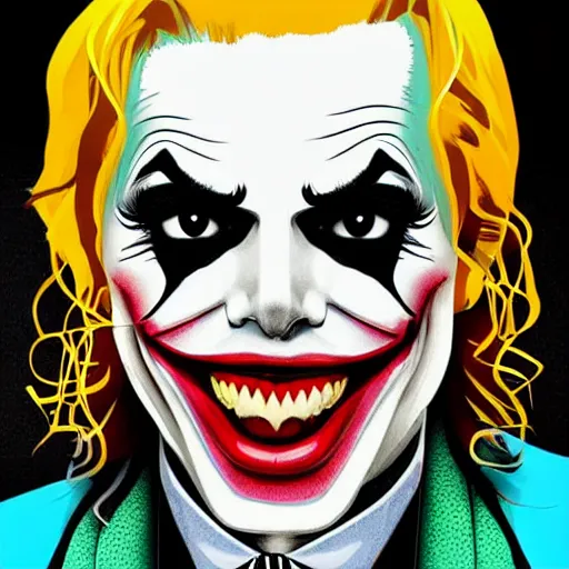 Image similar to michael jackson as the joker laugh on camera. symmetrical anatomy, hyperdetailed, coloured comic, baroque, pop art style, fantasy, without duplication, art by ilya kuvshinov and andy warhol and vinicius gud and gustavo zambelli, intricate, trending artstation, dribble popular.