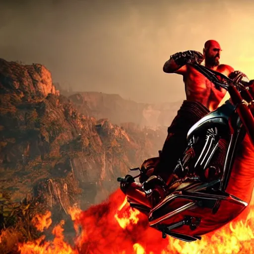 Image similar to kratosjumping a black harley - davidson motorcycle off a cliff, cinematic render, playstation studios official media, god of war 2 0 1 8, flames, centered