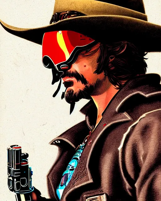 Image similar to mccree from overwatch, cyber space cowboy, eye patch, cigar, outter space, cyber armor, character portrait, portrait, close up, concept art, intricate details, highly detailed, vintage sci - fi poster, retro future, vintage sci - fi art, in the style of chris foss, rodger dean, moebius, michael whelan, and gustave dore