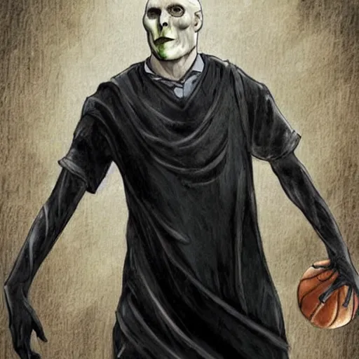 Prompt: voldemort as a basketball player, slam dunking