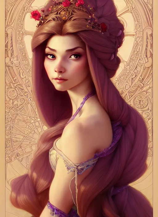 Image similar to portrait of rapunzel, intricate, elegant, highly detailed, my rendition, digital painting, artstation, concept art, smooth, sharp focus, illustration, art by artgerm and greg rutkowski and alphonse mucha and uang guangjian and gil elvgren and sachin teng, symmetry!!