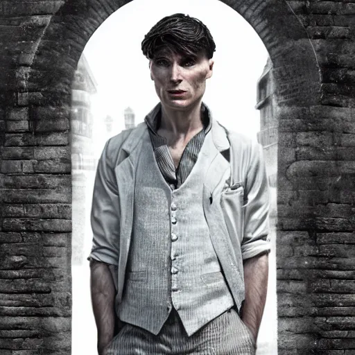 Image similar to Thomas Shelby cillian murphy standing in atlantis, digital art, photorealistic, highly detailed, realistic face, epic, fantasy, artstation