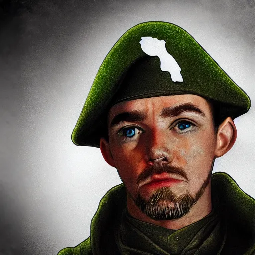 Image similar to jacksepticeye as a irish soldier, highly detailed, cinematic lighting photorealistic