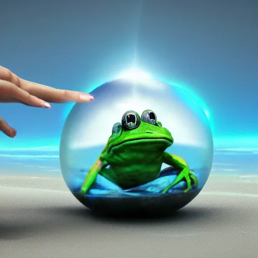 Prompt: a hand holding a crystal ball, in the crystal ball there are two frog warriors sitting on the beach, cinematic lightning, 8 k, octane render, matte painting, trending artstation