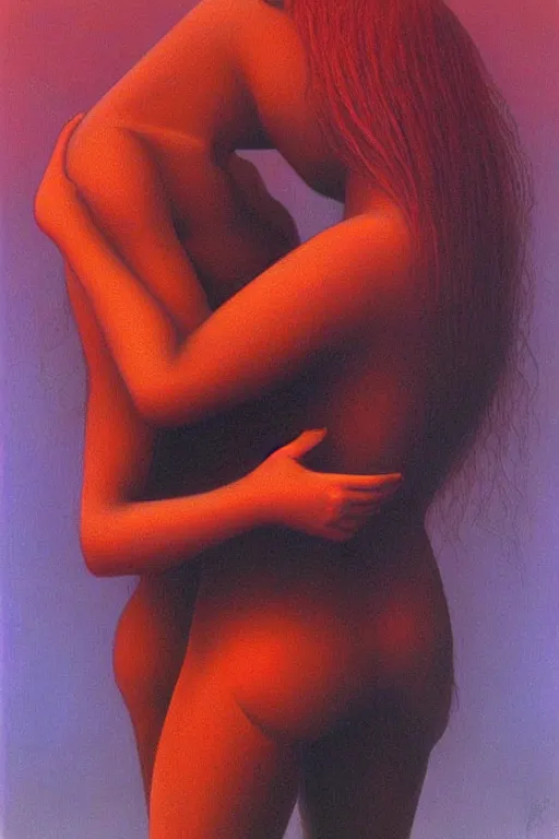 Image similar to realistic men kiss girl and hug and cuddle colourful shiny beautiful harmony painting by zdzisław beksinski