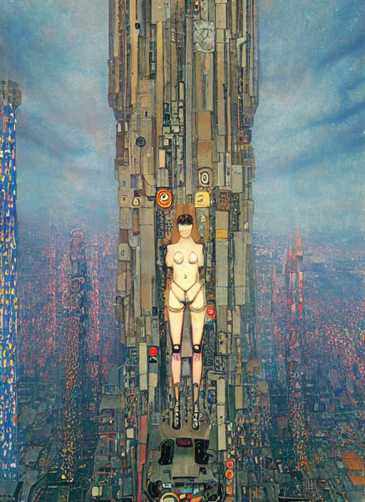 Image similar to a painting of a giant robot standing in front of a city, cyberpunk art by beeple art by gustav klimt, behance contest winner, nuclear art, dystopian art, apocalypse art, sci - fi