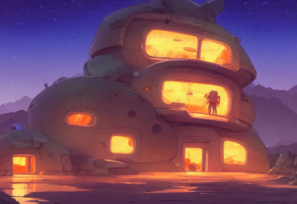 Image similar to sci - fi chubby house in the desert at night, rain, water, rocks, mountain, river, intricate oil painting, high detail illustration, sharp high detail, manga and anime 1 9 9 9, official fanart behance hd artstation by jesper ejsing and makoto shinkai, 4 k,