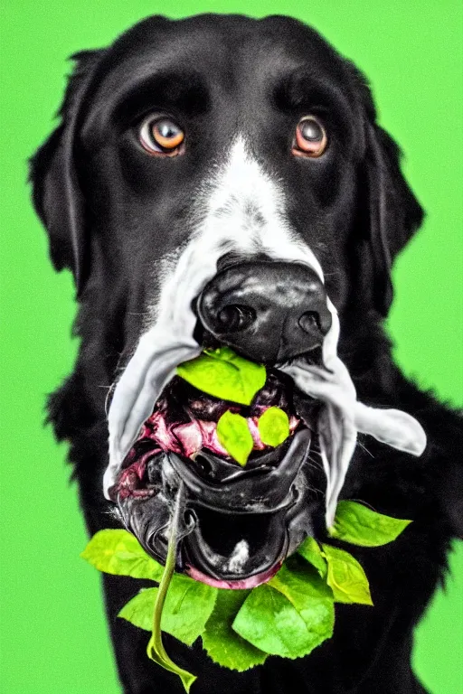 Image similar to black dog holding rose in his mouth, bright green eyes, studio lighting, 4 k, realistic, chromatic abberation, global illumination