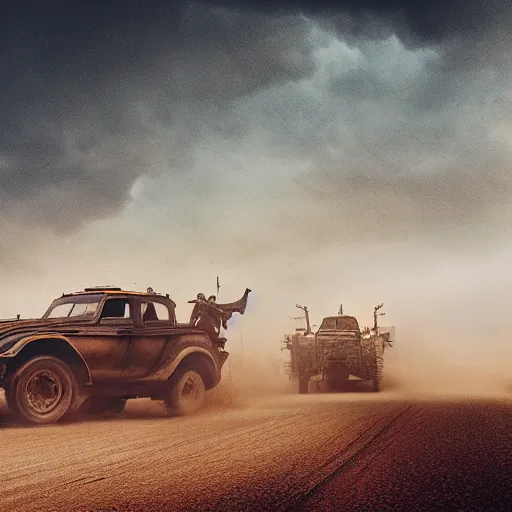 Prompt: wild dust storm, fury road, red and gold
