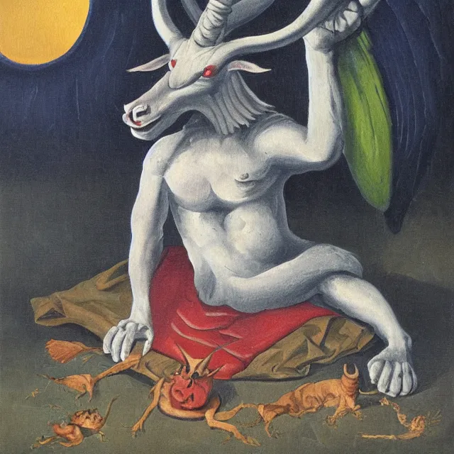 Image similar to baphomet sitting on the floor, vintage, oil painting