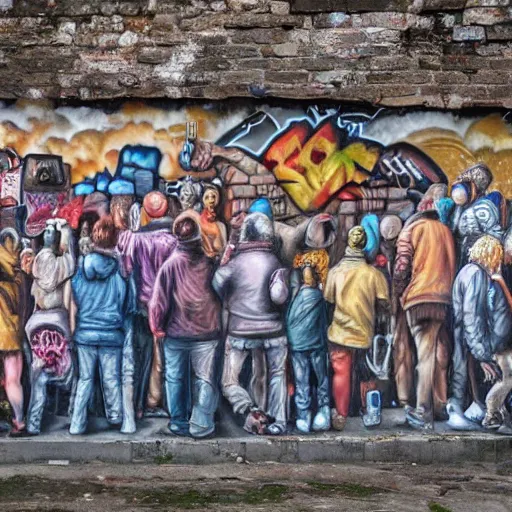 Prompt: amazing graffiti of a crowd on an old wall, hyper detailed, photorealistic, hd