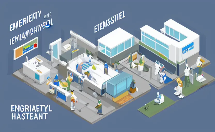 Prompt: isometric stylized emergency hospital