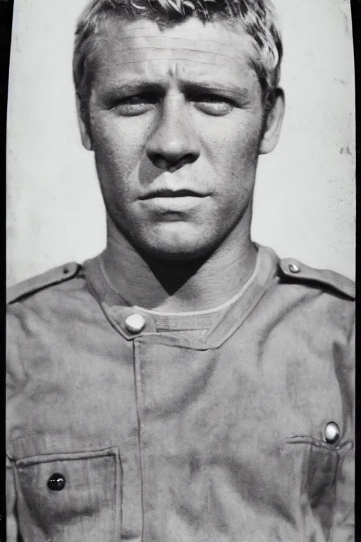 Prompt: a tintype photo of Steve McQueen from the great escape