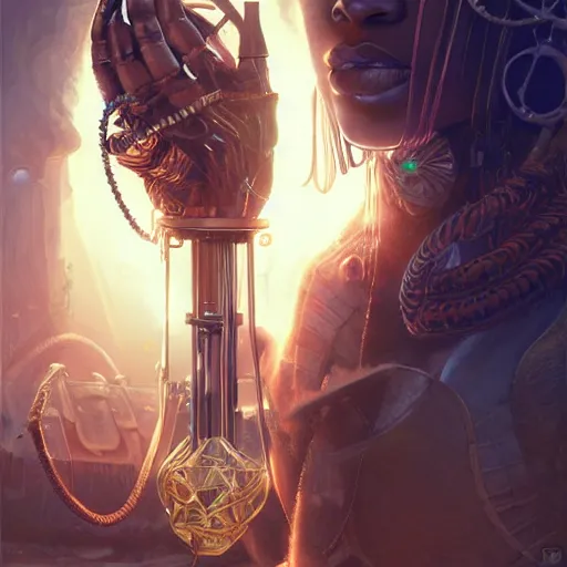 Prompt: african steampunk alchemist, science fiction, highly detailed, digital painting, beautiful eyes, symmetry, concept art, sharp focus, illustration, global illumination, radiant light, detailed and intricate environment, art by artgerm and greg rutkowski and magali villeneuve and ilya kuvshinov!