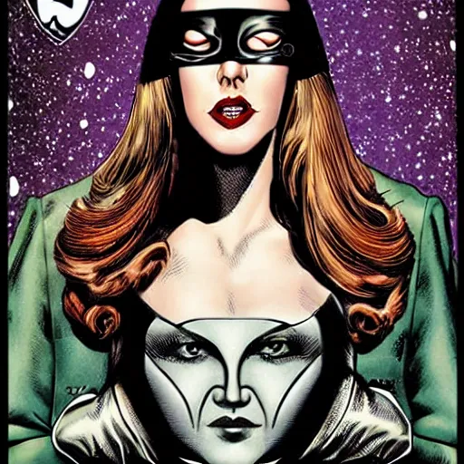 Image similar to Brian Bolland comic art, stunning female Actress Audrey Plaza, spy, eye patch over left eye, evil smile, symmetrical face, symmetrical eyes, tailored clothing, long straight blonde hair, full body, Winter night