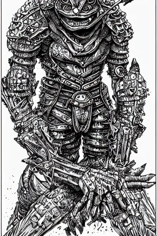 Image similar to humanoid toad warrior, wearing armour, swamp, symmetrical, highly detailed, digital art, sharp focus, trending on art station, kentaro miura manga art style
