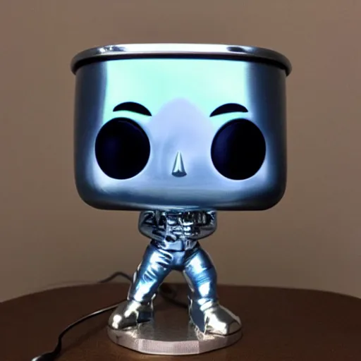 Image similar to metal chrome funko pop with neon lighting