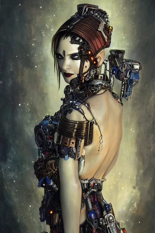Image similar to portrait of beautiful young gothic cyborg maiden, cyberpunk, Warhammer, kiss, highly detailed, artstation, illustration, art by Gustav Klimt