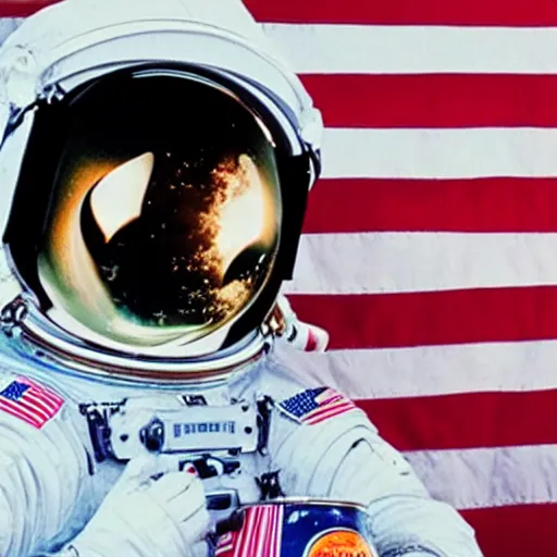 Image similar to an astronaut mid-space holding a beer can and a vintage camera