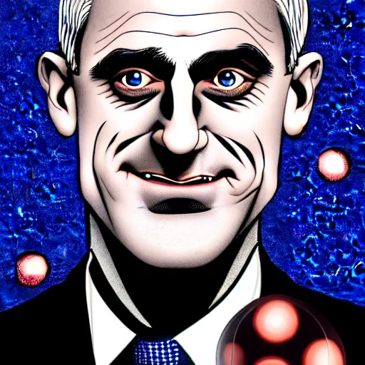 Prompt: digital illustration of secretary of denis mcdonough face with demonic shining eyes, cover art of graphic novel, eyes replaced by glowing lights, glowing eyes, flashing eyes, balls of light for eyes, evil laugh, menacing, Machiavellian puppetmaster, villain, clean lines, clean ink