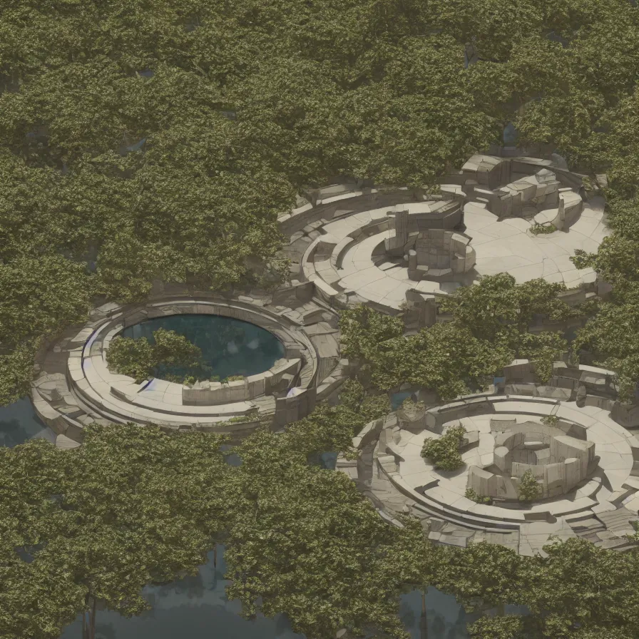 Image similar to architectural model, isometric view, 3 d render, studio lighting, low contrast, dark background, highly detailed, a circular house with circular courtyards floating at the edge of a lake, tree