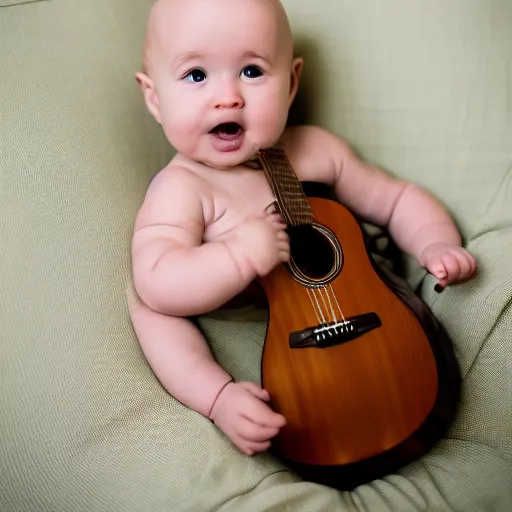 Prompt: A photo a Bald, 6 month old Baby boy, playing an over sized guitar while sitting in a lazy boy recliner. 50mm lens, f1.8