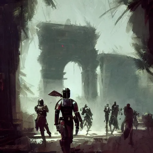 Prompt: the mandalorian, ancient rome setting, by craig mullins, jeremy mann, jeremy mann.